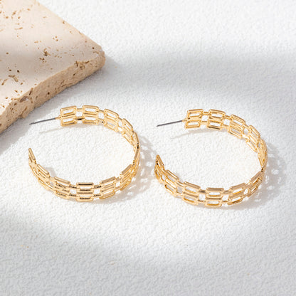 Wholesale Jewelry Elegant Solid Color Alloy Gold Plated Side Stripe Mesh Hollow Out Ear Studs