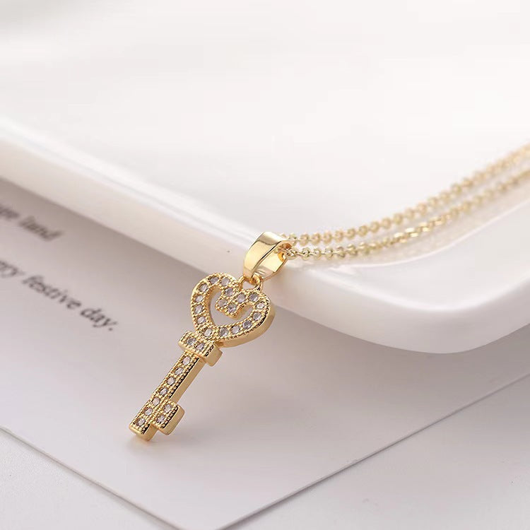 Vintage Style Key Copper Plating Inlay Zircon Pendant Necklace