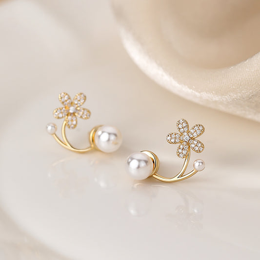 1 Pair Elegant Lady Shiny Petal Plating Inlay Sterling Silver Artificial Pearls Zircon Silver Plated Ear Studs