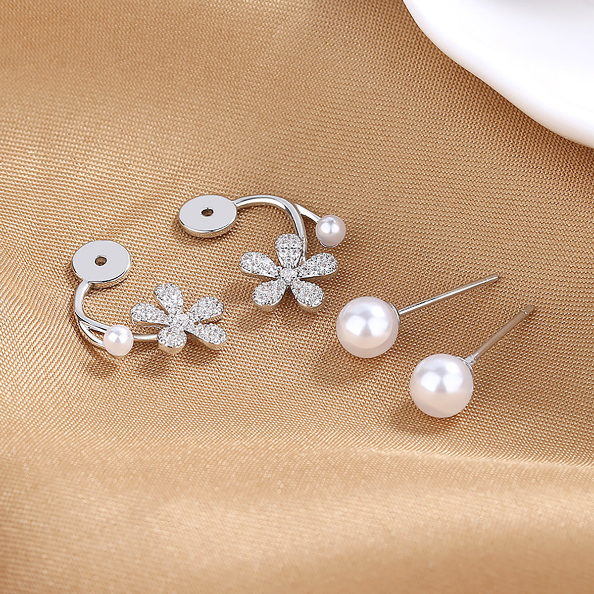 1 Pair Elegant Lady Shiny Petal Plating Inlay Sterling Silver Artificial Pearls Zircon Silver Plated Ear Studs