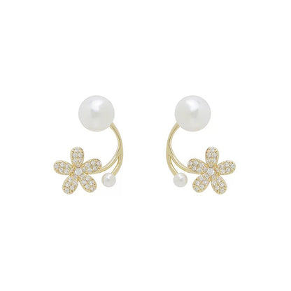 1 Pair Elegant Lady Shiny Petal Plating Inlay Sterling Silver Artificial Pearls Zircon Silver Plated Ear Studs