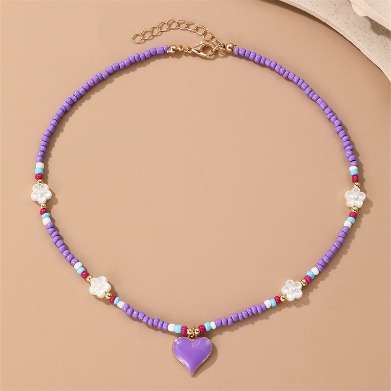 Sweet Heart Shape Flower Glass Seed Bead Beaded Women's Pendant Necklace