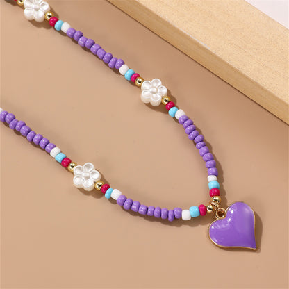 Sweet Heart Shape Flower Glass Seed Bead Beaded Women's Pendant Necklace