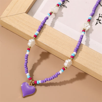 Sweet Heart Shape Flower Glass Seed Bead Beaded Women's Pendant Necklace