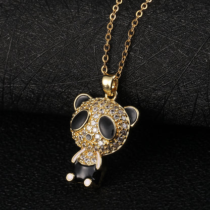 Vintage Style Panda Copper Plating Inlay Zircon Gold Plated Pendant Necklace