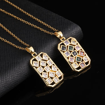 Vintage Style Geometric Square Rhombus Copper Plating Inlay Zircon Gold Plated Pendant Necklace