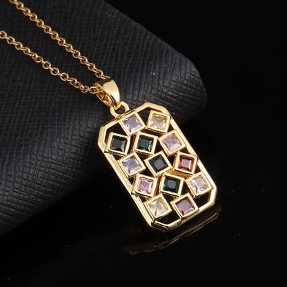 Vintage Style Geometric Square Rhombus Copper Plating Inlay Zircon Gold Plated Pendant Necklace