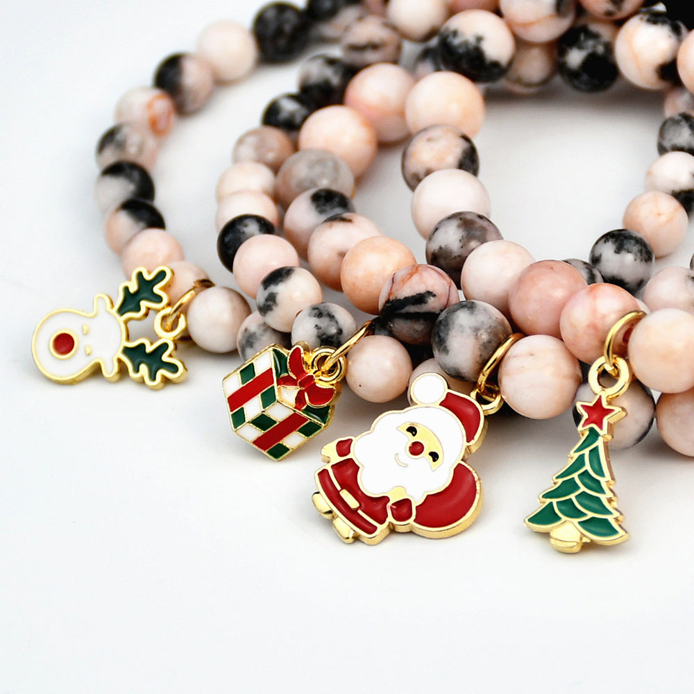 Cute Christmas Streetwear Christmas Tree Santa Claus Elk Natural Stone Bracelets In Bulk