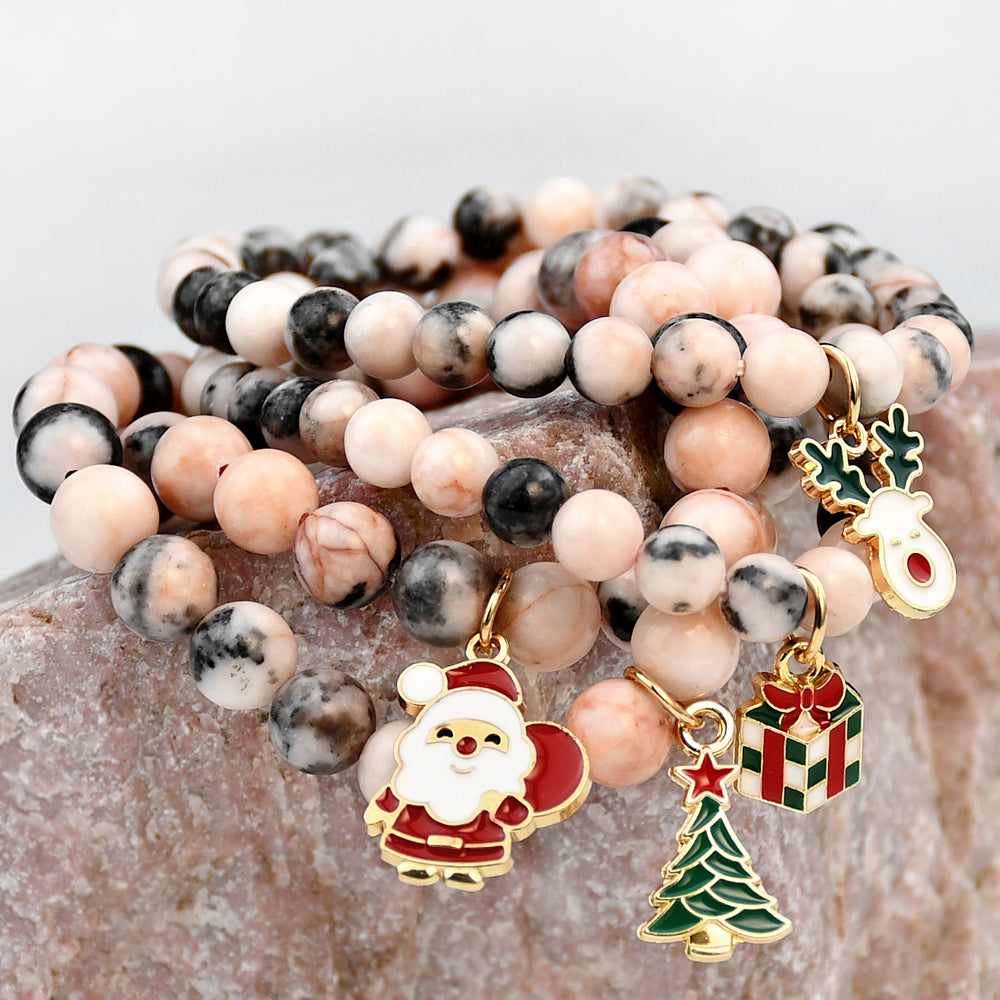 Cute Christmas Streetwear Christmas Tree Santa Claus Elk Natural Stone Bracelets In Bulk