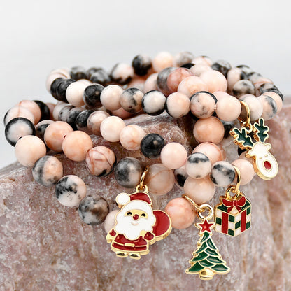 Cute Christmas Streetwear Christmas Tree Santa Claus Elk Natural Stone Bracelets In Bulk