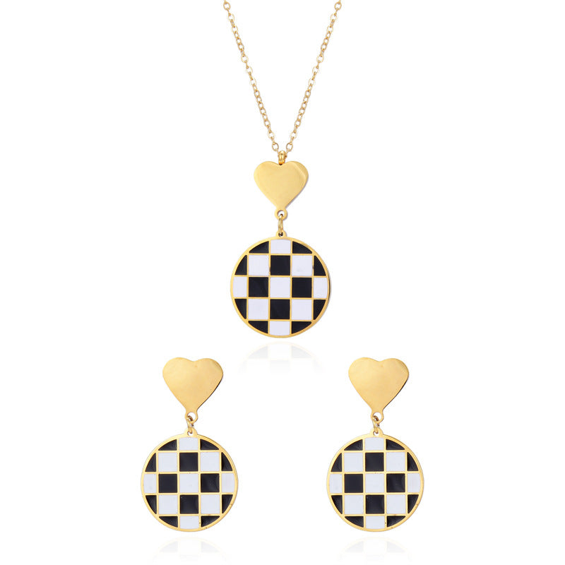 Vintage Style Heart Shape Checkered Stainless Steel Plating Jewelry Set