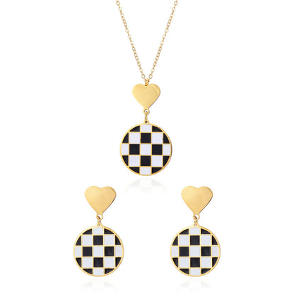 Vintage Style Heart Shape Checkered Stainless Steel Plating Jewelry Set