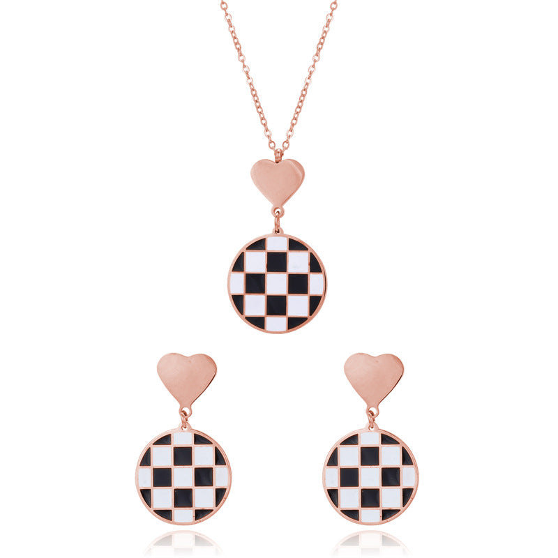 Vintage Style Heart Shape Checkered Stainless Steel Plating Jewelry Set