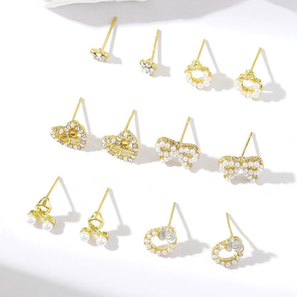 6 Pairs Cute Pentagram Heart Shape Plating Inlay Alloy Pearl Gold Plated Ear Studs