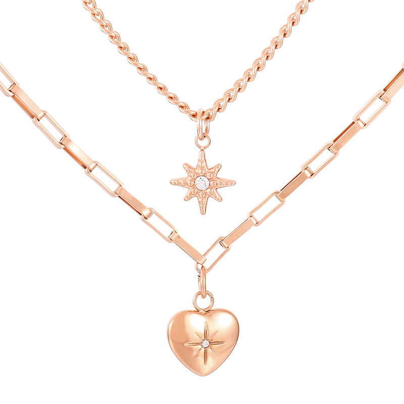 Wholesale Basic Heart Shape Titanium Steel Inlay Rhinestones Double Layer Necklaces