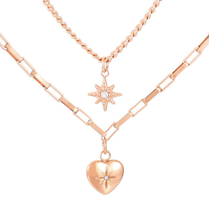 Wholesale Basic Heart Shape Titanium Steel Inlay Rhinestones Double Layer Necklaces