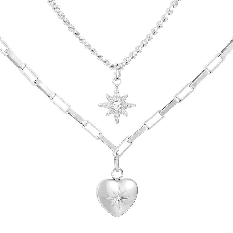 Wholesale Basic Heart Shape Titanium Steel Inlay Rhinestones Double Layer Necklaces