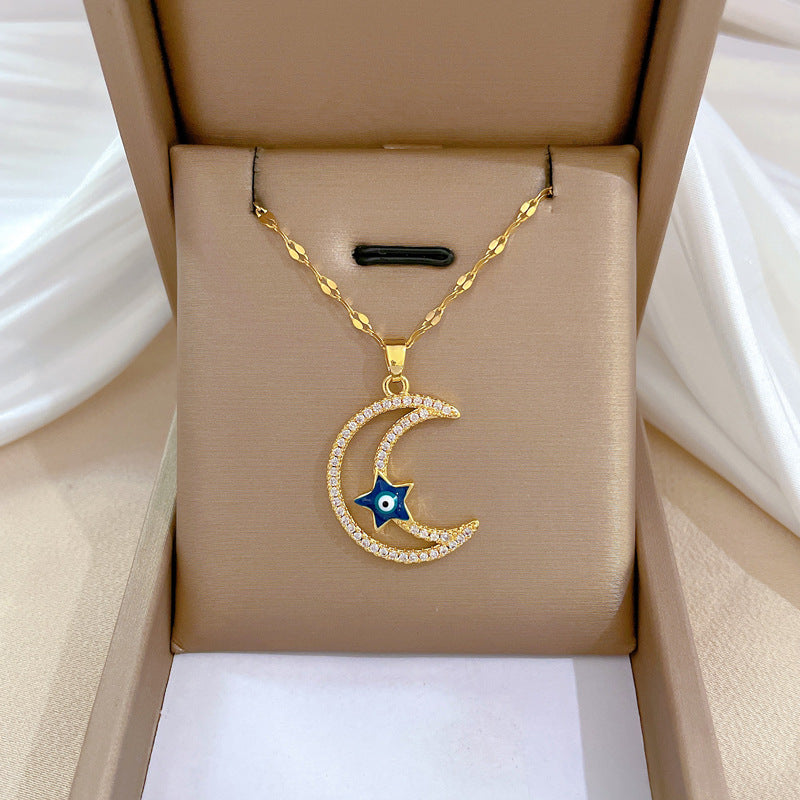 Vintage Style Rabbit Star Moon Titanium Steel Copper Zircon Pendant Necklace In Bulk