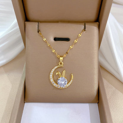 Vintage Style Rabbit Star Moon Titanium Steel Copper Zircon Pendant Necklace In Bulk