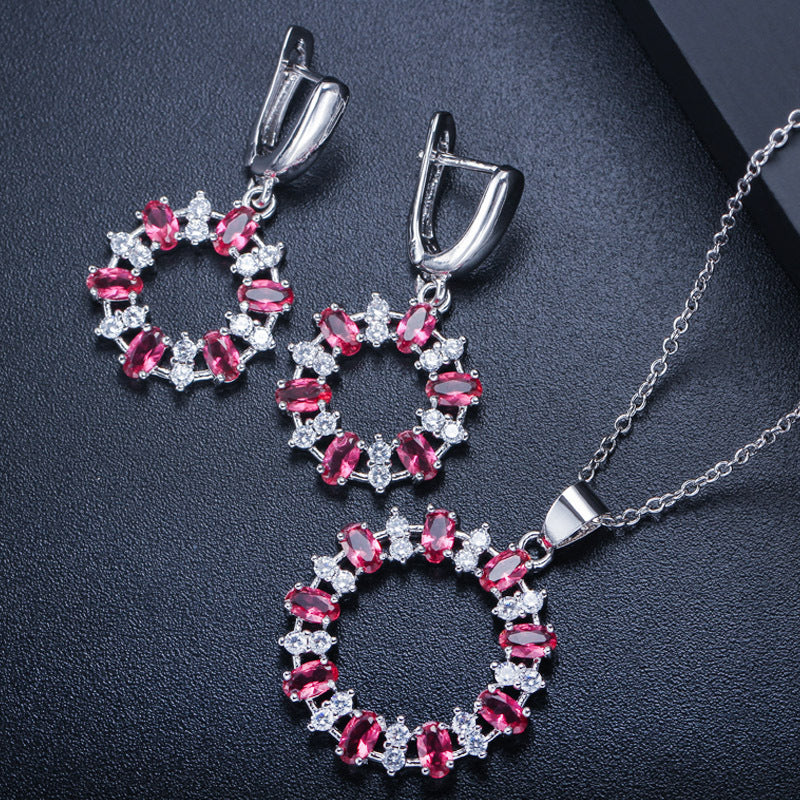 Elegant Round Copper Plating Inlay Artificial Gemstones White Gold Plated Rhodium Plated Earrings Necklace