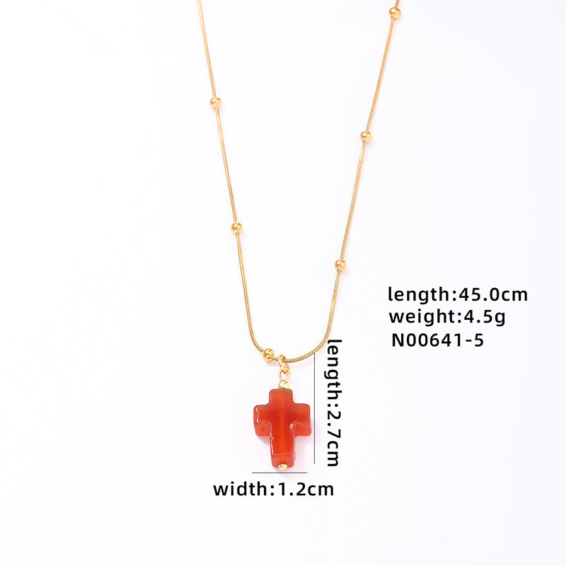 Wholesale Simple Style Classic Style Cross Stainless Steel Natural Stone Plating Chain Gold Plated Pendant Necklace