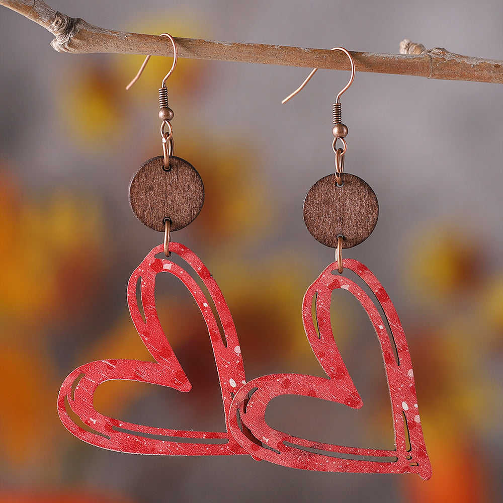 1 Pair Retro Heart Shape Wood Drop Earrings