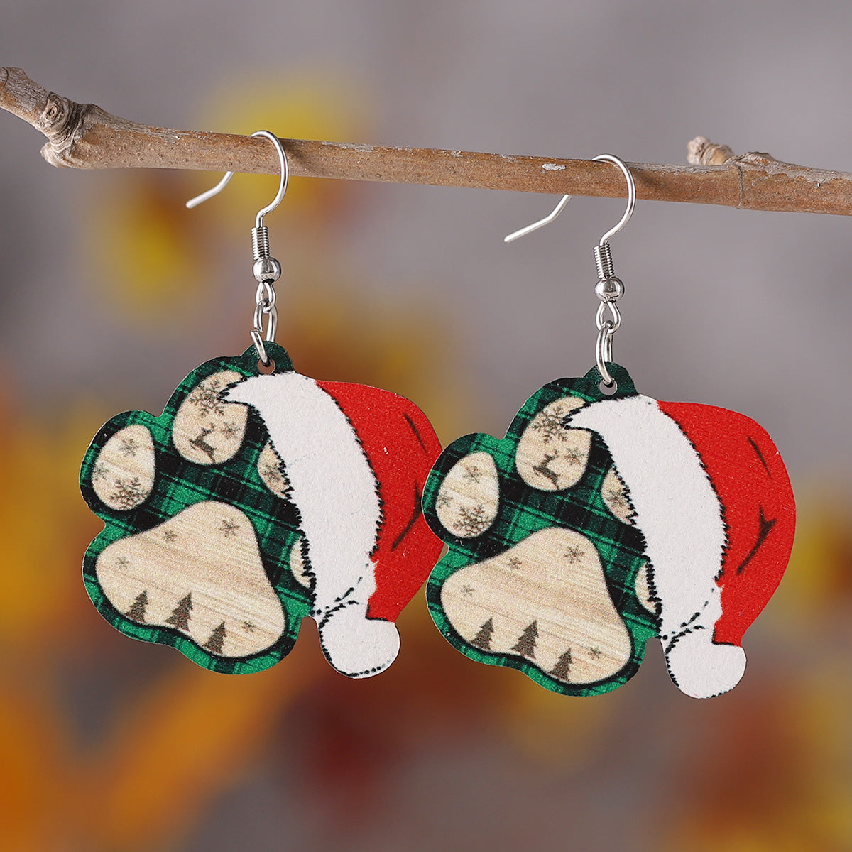 1 Pair Retro Christmas Hat Paw Print Wood Drop Earrings