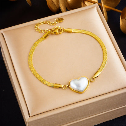 Retro Heart Shape Titanium Steel Plating Inlay Artificial Pearls 18k Gold Plated Bracelets