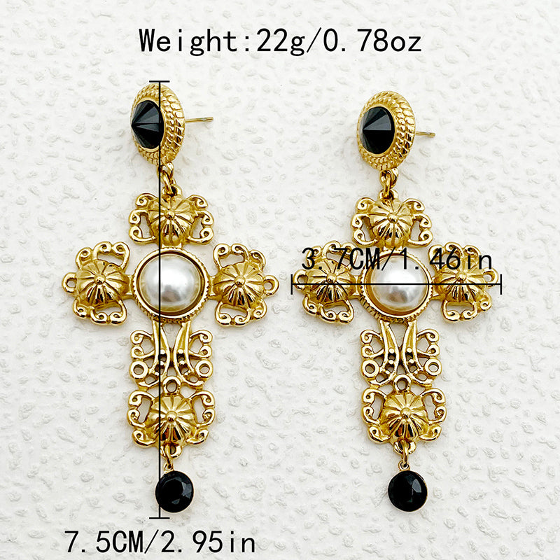 1 Pair Elegant Vintage Style Luxurious Cross Plating Inlay Stainless Steel Pearl Gold Plated Drop Earrings