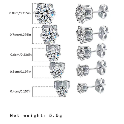 5 Pairs Basic Modern Style Geometric Inlay Stainless Steel Zircon Ear Studs