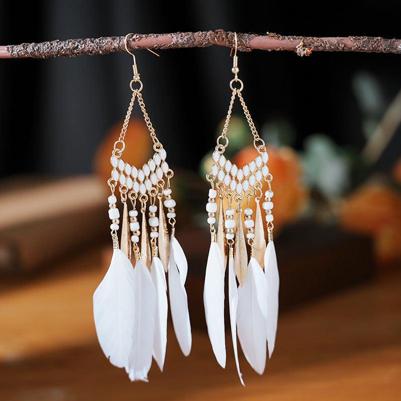 Vintage Fan-shaped Tassel Feather Long Bohemian Beads Earrings Wholesale