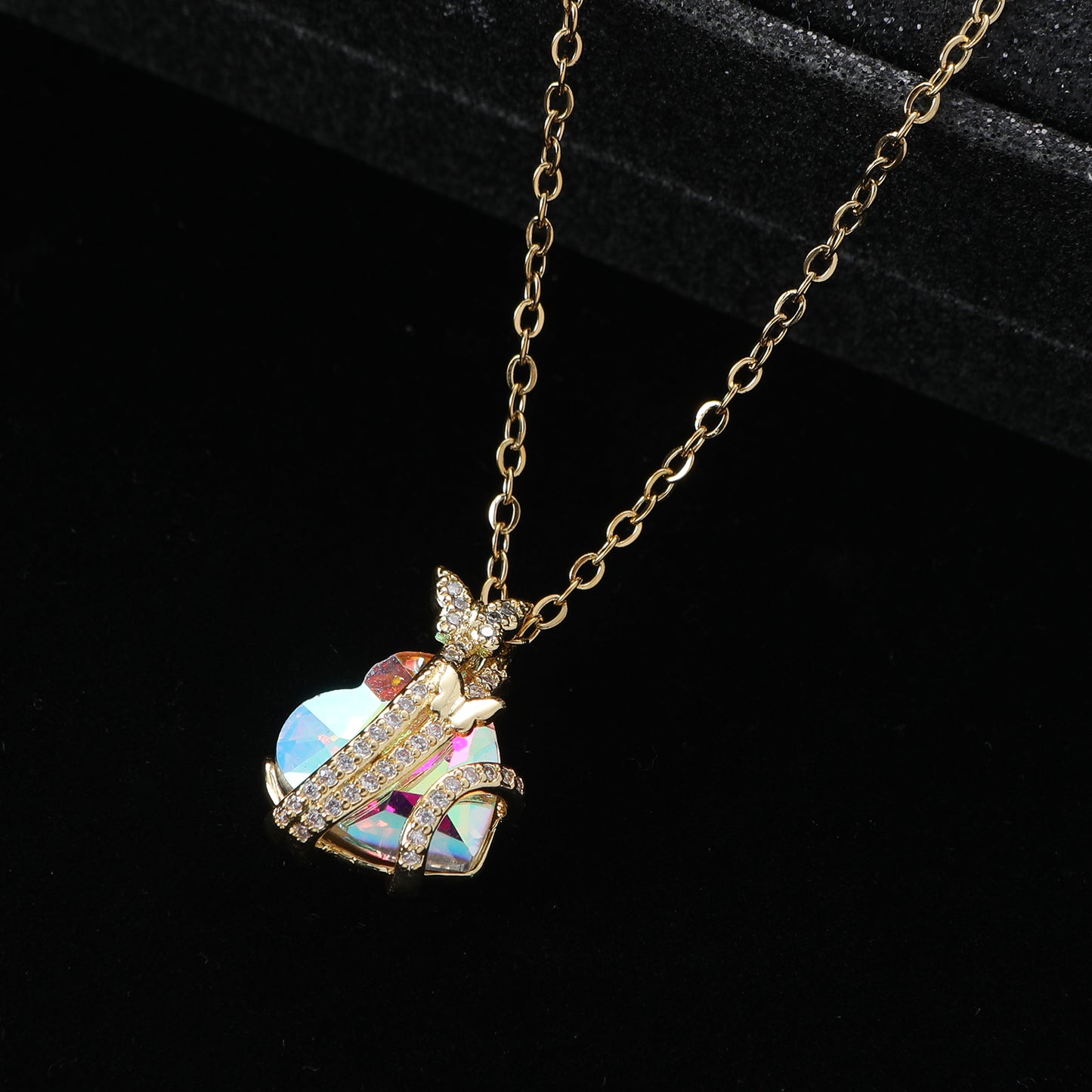 Sweet Heart Shape Butterfly Stainless Steel Titanium Steel Plating Inlay Rhinestones Pendant Necklace