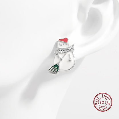 1 Pair Cute Snowman Epoxy Plating Sterling Silver White Gold Plated Rhodium Plated Drop Earrings