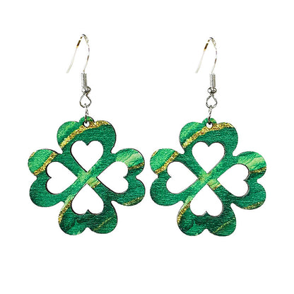 1 Pair Cute Four Leaf Clover Smiley Face Flower Wood Drop Earrings