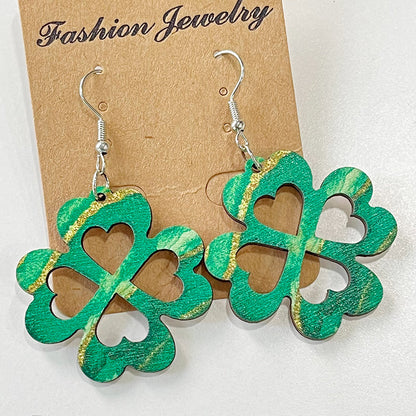 1 Pair Cute Four Leaf Clover Smiley Face Flower Wood Drop Earrings