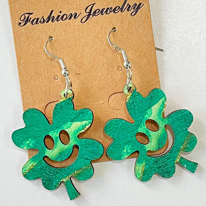 1 Pair Cute Four Leaf Clover Smiley Face Flower Wood Drop Earrings