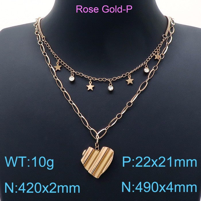 Wholesale Simple Style Classic Style Heart Shape Titanium Steel Inlay Rhinestones Layered Necklaces