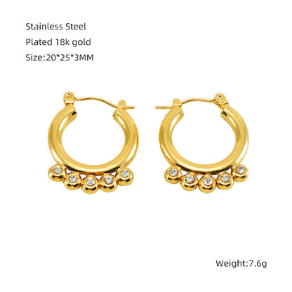 1 Pair Business Simple Style Round Polishing Plating Inlay Stainless Steel Titanium Steel Rhinestones Zircon 18k Gold Plated Earrings