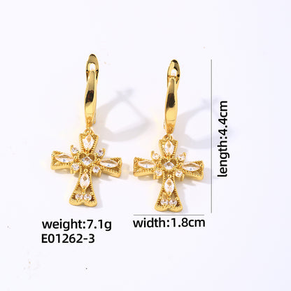 1 Pair Hip-hop Cross Plating Inlay Copper Rhinestones White Gold Plated Gold Plated Drop Earrings