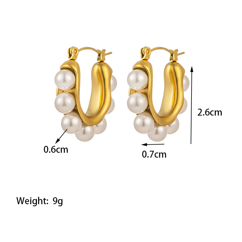 1 Pair Retro Baroque Style Geometric Solid Color Epoxy Plating Inlay Titanium Steel Artificial Pearls 18k Gold Plated Hoop Earrings