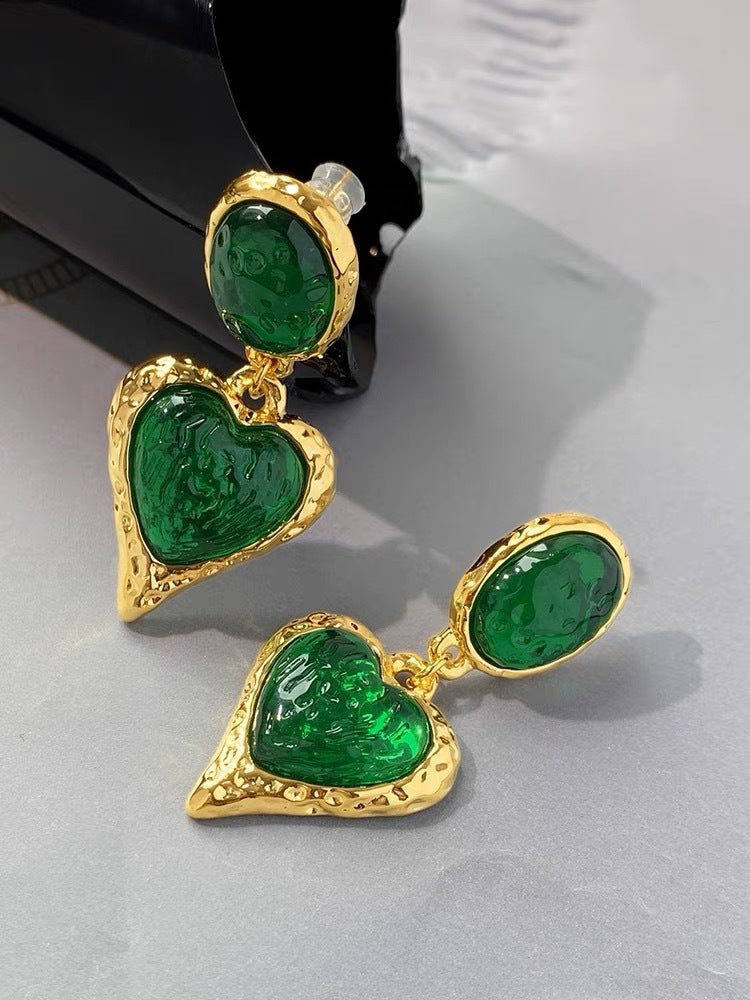 1 Pair Retro Heart Shape Plating Resin Metal Drop Earrings