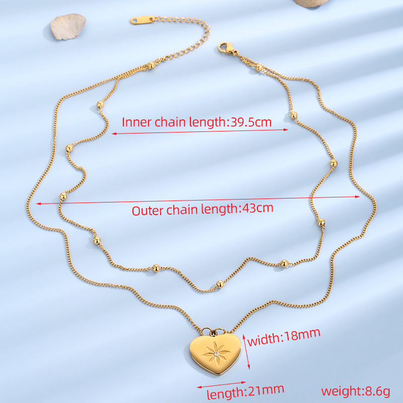 Elegant Lady Heart Shape Titanium Steel Polishing Plating Inlay Zircon 18k Gold Plated Layered Necklaces