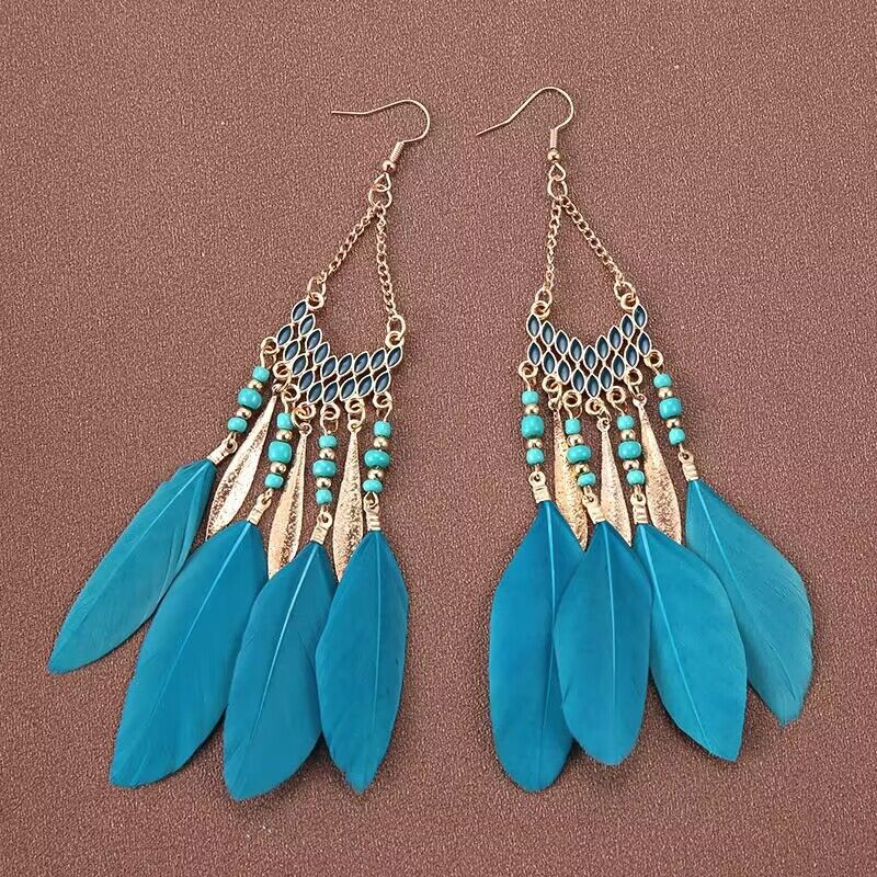 Wholesale Jewelry 1 Pair Bohemian Water Droplets Tassel Feather Alloy Feather Drop Earrings