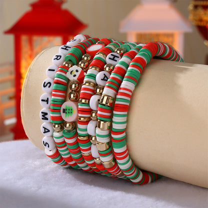 Sweet Christmas Tree Santa Claus Letter Soft Clay Beaded Christmas Women's Bracelets