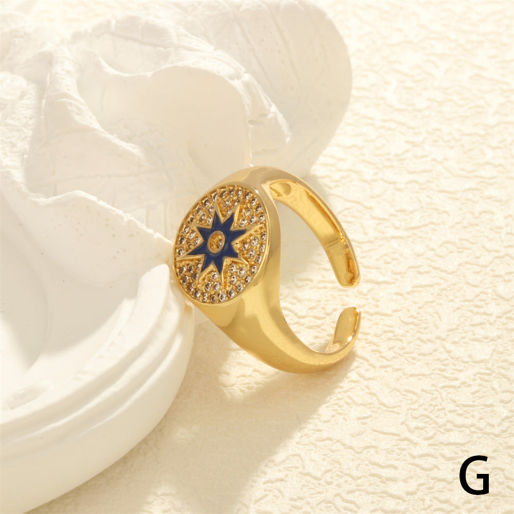 Simple Style Star Copper Enamel Plating Inlay Zircon 18k Gold Plated Open Rings