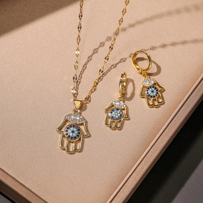 Simple Style Hand Of Fatima Copper Plating Inlay Zircon 18k Gold Plated Earrings Necklace Jewelry Set