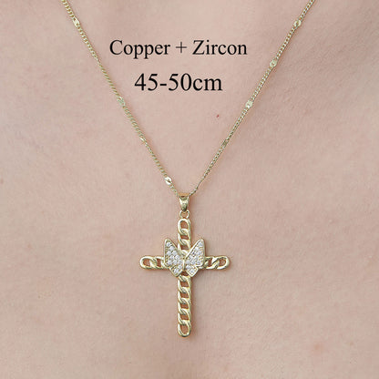 Simple Style Cross Sunflower Butterfly Copper Plating Inlay Zircon Pendant Necklace