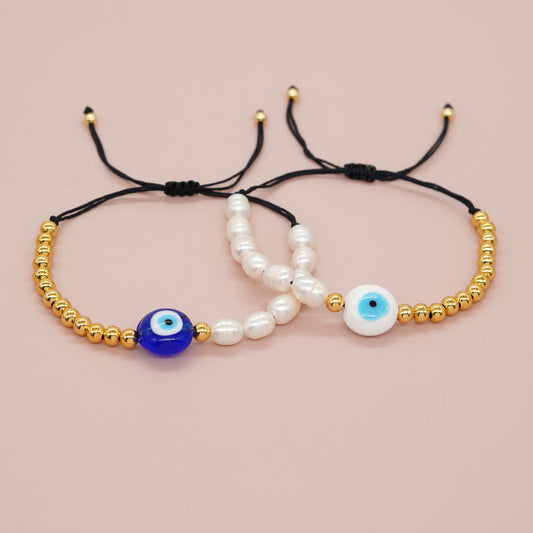 Bohemian Geometric Eye Imitation Pearl Rope Copper Knitting Women's Drawstring Bracelets