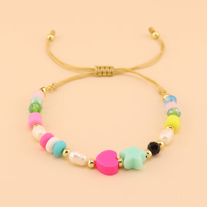 Bohemian Star Heart Shape Arylic Rope Soft Clay Handmade Pearl Women's Drawstring Bracelets