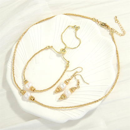 Basic Simple Style Round Freshwater Pearl Stone Copper Plating Inlay Zircon 18k Gold Plated Bracelets Earrings Necklace